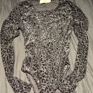 Long Sleeve Leopard Print Velvet Bodysuit - Black